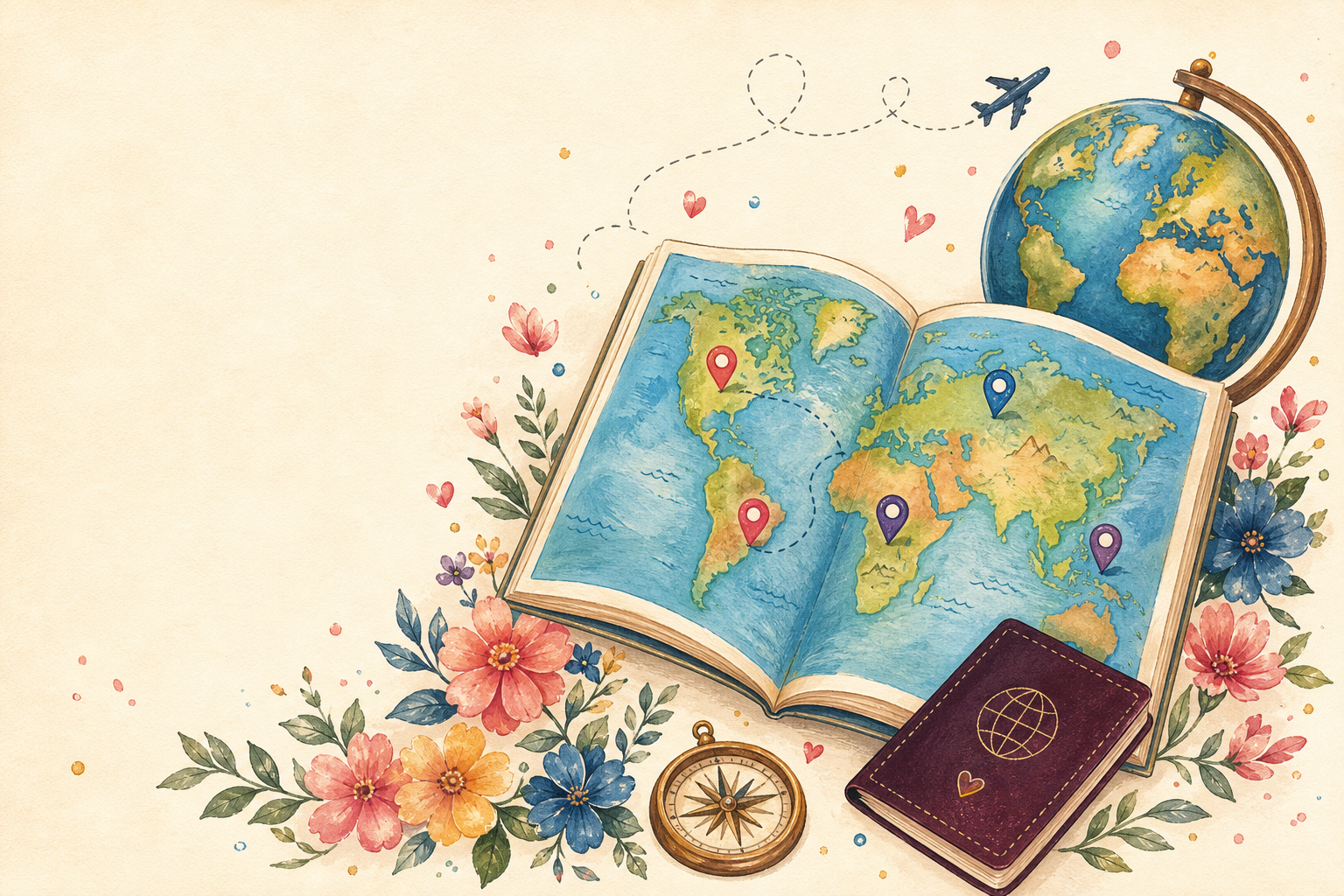 Watercolor map, globe, passport, and flowers for Bloom Around the World